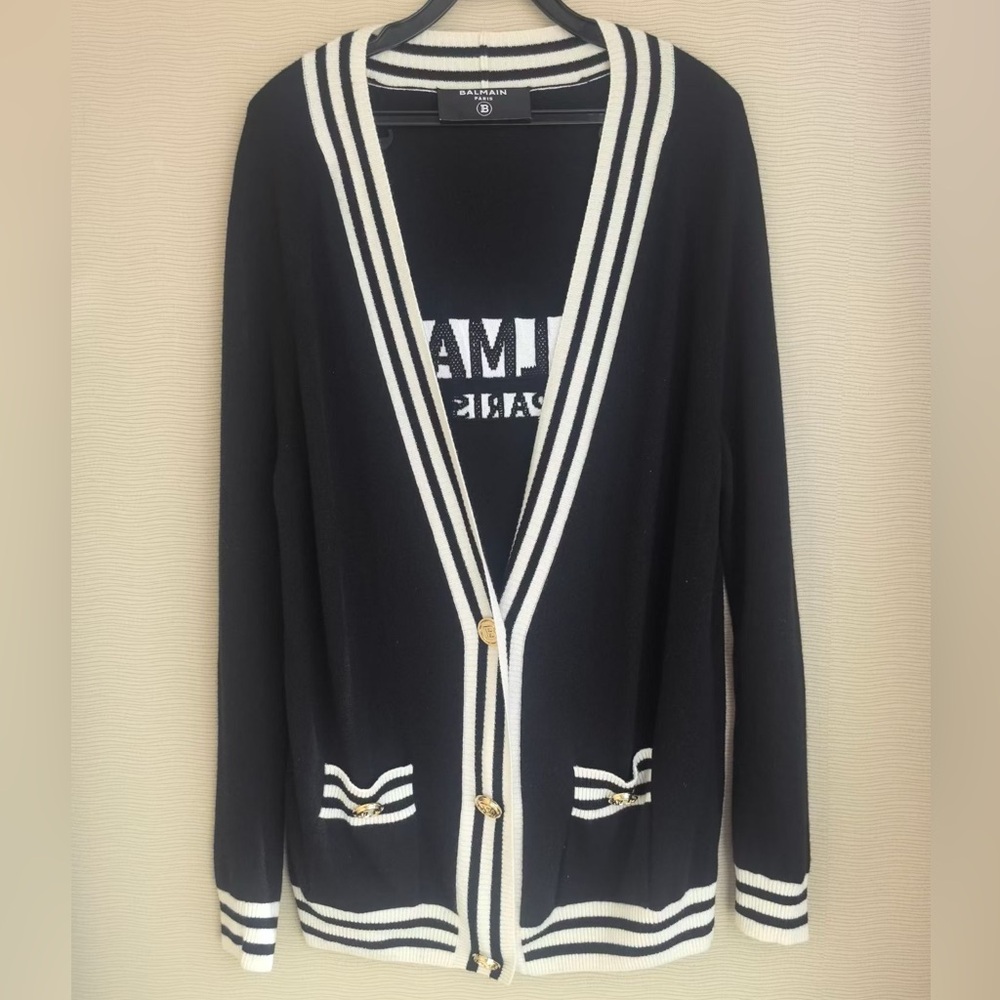 🚩steal Authentic Balmain Black Cardigan with White Accents - Picture 2 of 7